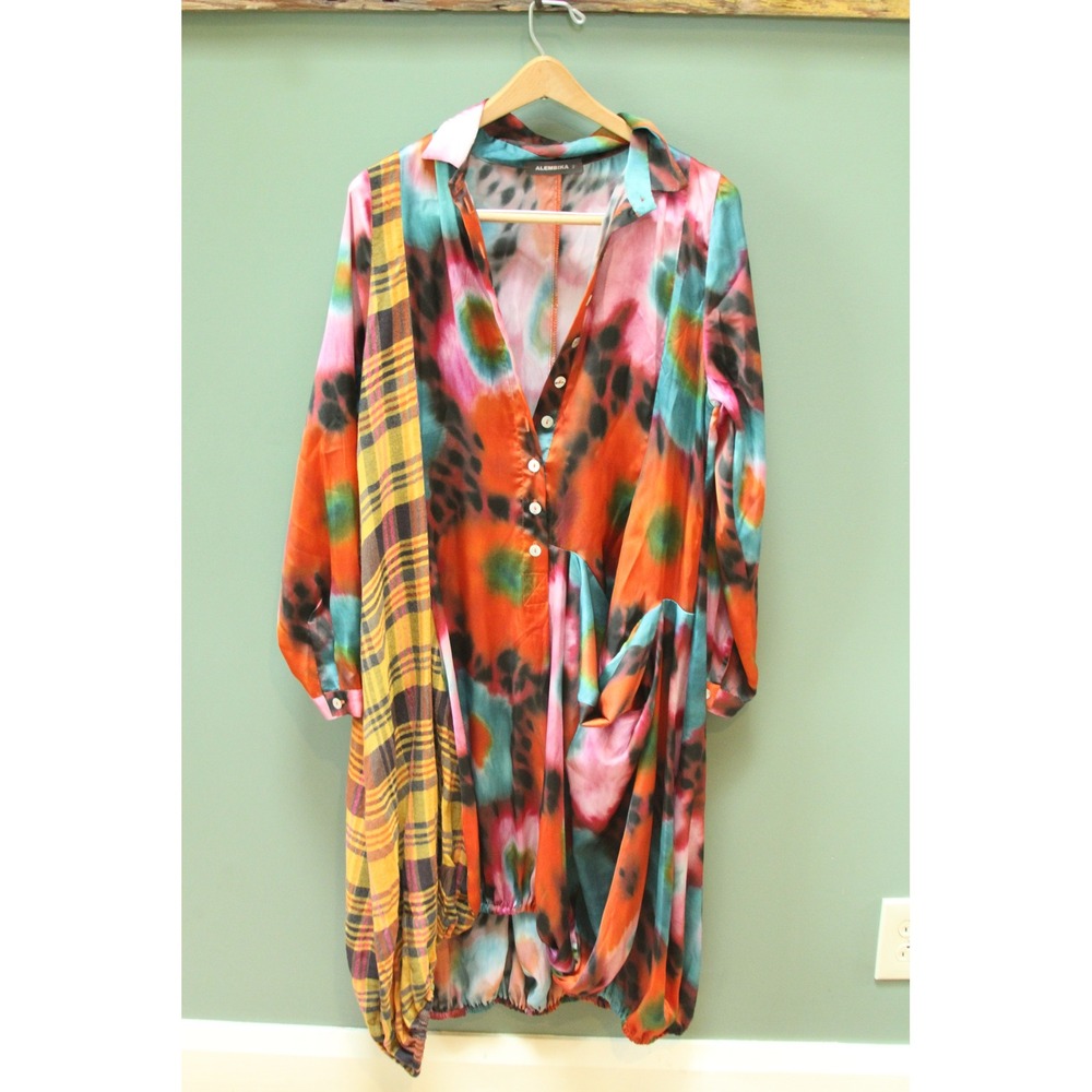 Alembika‎ Colorful Tie Dye Plaid Print Button Down Pocket Dress Size 2 - Large